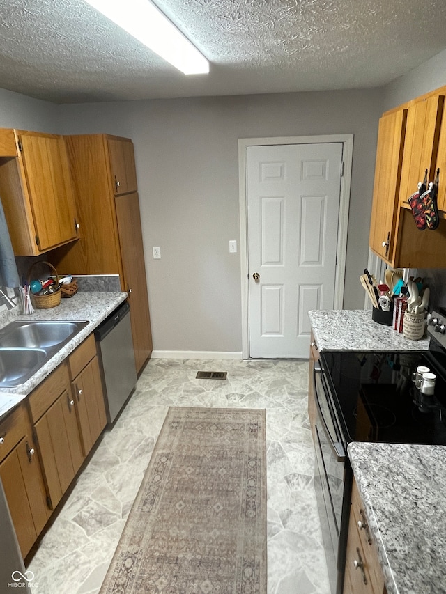 kitchen with electric range, dishwasher, a textured ceiling, and sink