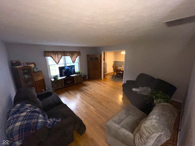 living room featuring light hardwood / wood-style flooring and a textured ceiling