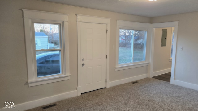 carpeted foyer featuring electric panel