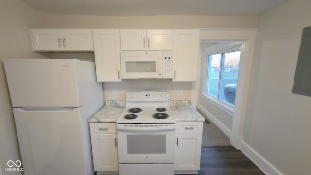 kitchen featuring light stone countertops, white appliances, dark wood-type flooring, white cabinets, and electric panel