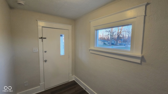 entrance foyer with crown molding, dark wood-type flooring, and a textured ceiling