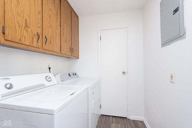 laundry area featuring electric panel, cabinets, washer and clothes dryer, and dark hardwood / wood-style flooring