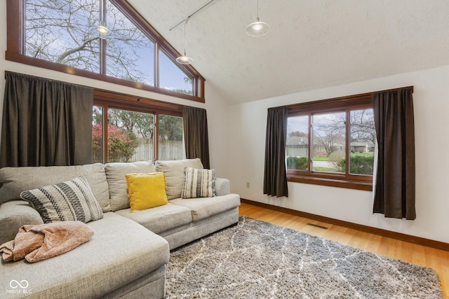 living room with hardwood / wood-style flooring, a textured ceiling, and high vaulted ceiling