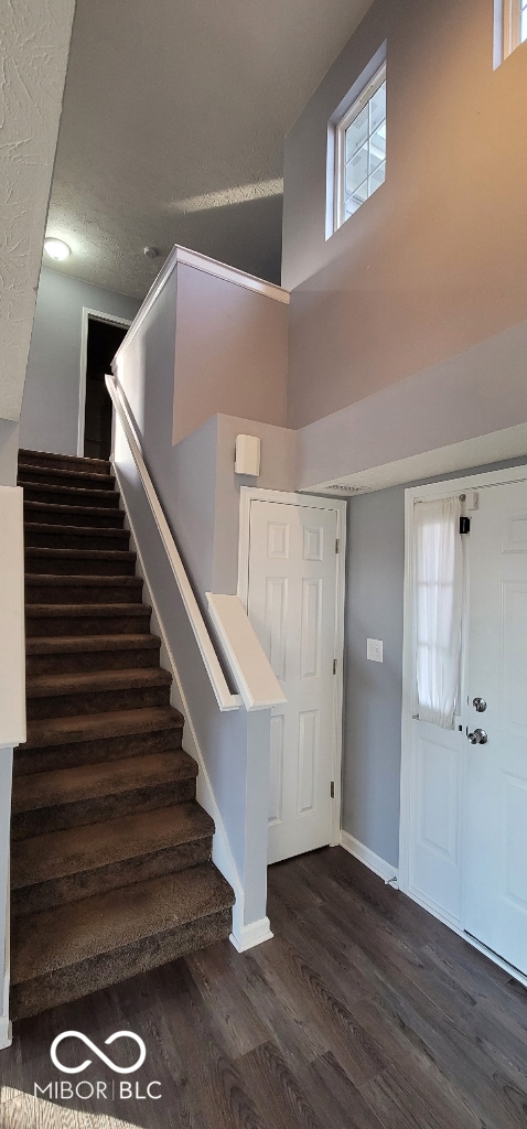 entrance foyer featuring a textured ceiling, dark hardwood / wood-style flooring, a high ceiling, and plenty of natural light