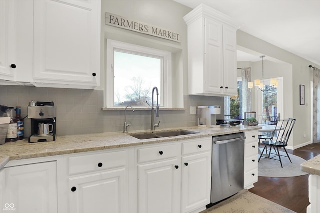 kitchen featuring stainless steel dishwasher, plenty of natural light, white cabinets, and sink