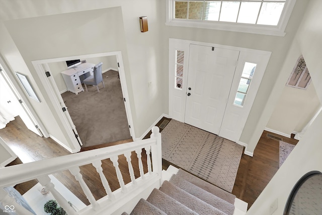 foyer featuring hardwood / wood-style floors, a healthy amount of sunlight, and a high ceiling