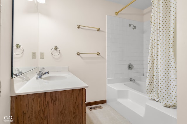 bathroom with tile patterned flooring, vanity, and shower / bathtub combination with curtain