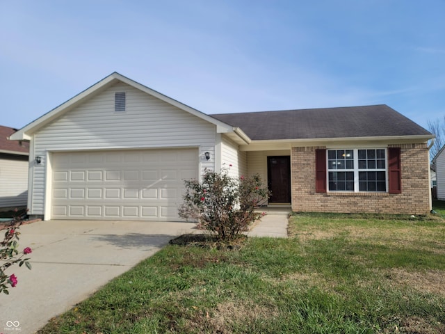 ranch-style home with a garage and a front yard