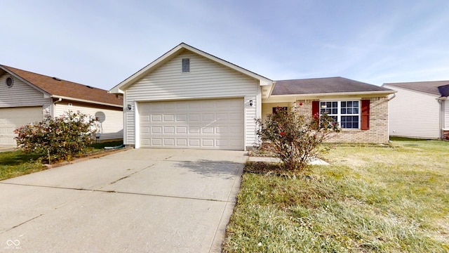 single story home with a garage and a front lawn