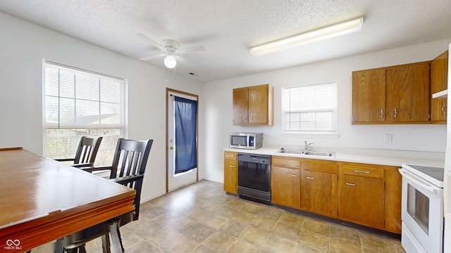 kitchen with sink, white range oven, black dishwasher, and a textured ceiling