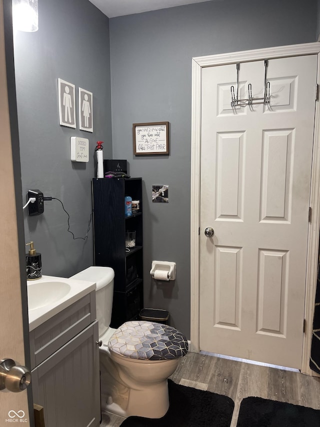 bathroom with vanity, wood-type flooring, and toilet