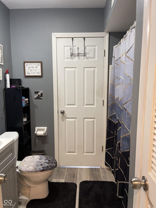 bathroom featuring vanity, toilet, and wood-type flooring