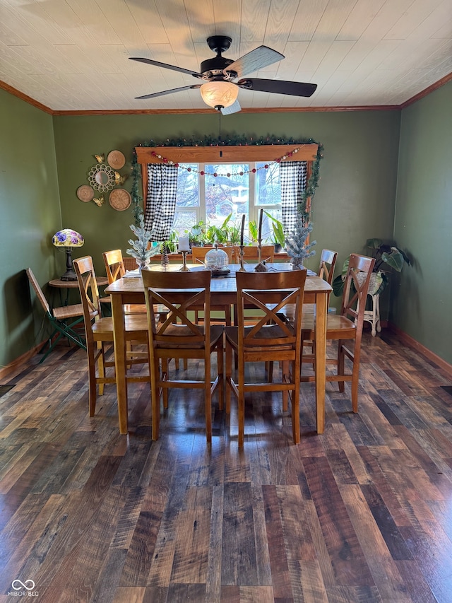 dining space with crown molding, ceiling fan, and dark wood-type flooring