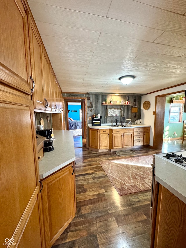 kitchen featuring kitchen peninsula and dark hardwood / wood-style flooring