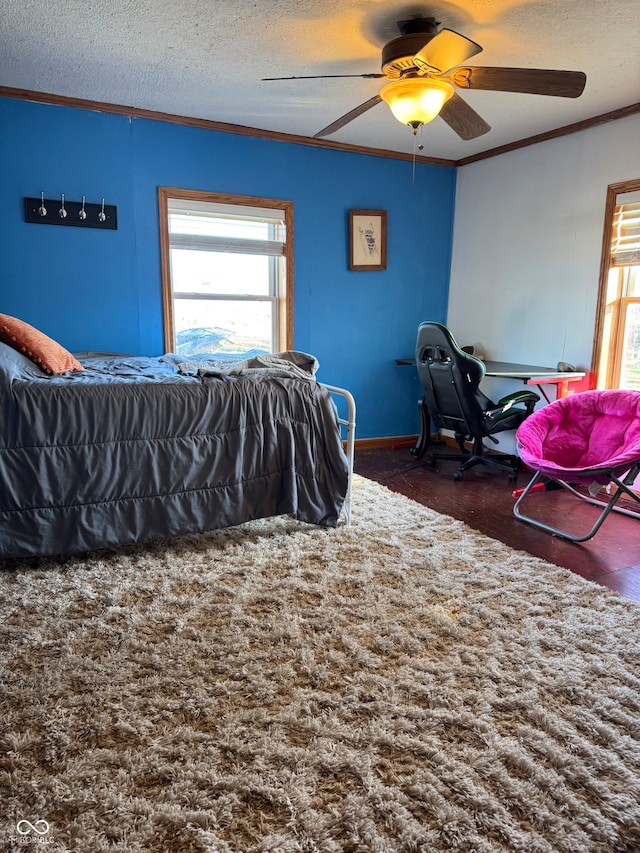 bedroom featuring multiple windows, ceiling fan, crown molding, and a textured ceiling