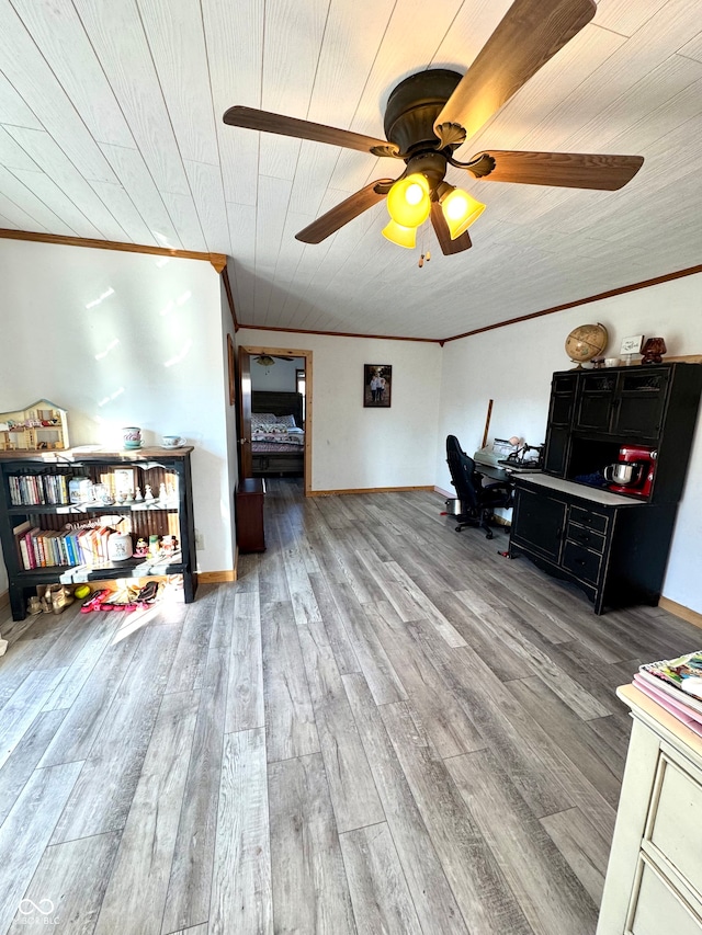 office area featuring wooden ceiling, light hardwood / wood-style flooring, ceiling fan, and crown molding