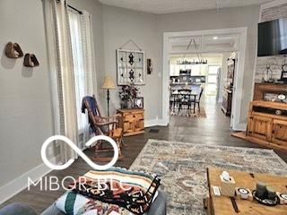 living room with dark hardwood / wood-style floors