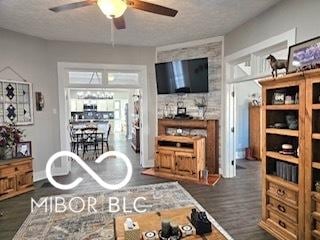 living room with ceiling fan, dark hardwood / wood-style flooring, and a textured ceiling