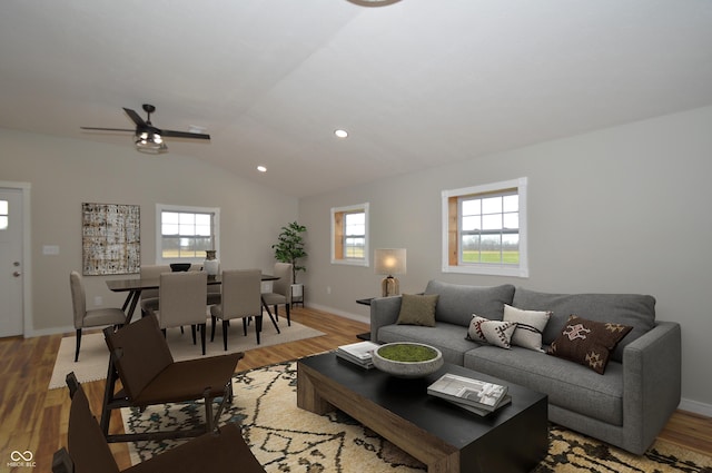 9462 N Rushville Rd, Knightstown, IN 46148 - living area with healthy amount of natural light, light wood-type flooring, lofted ceiling, recessed lighting, and a ceiling fan