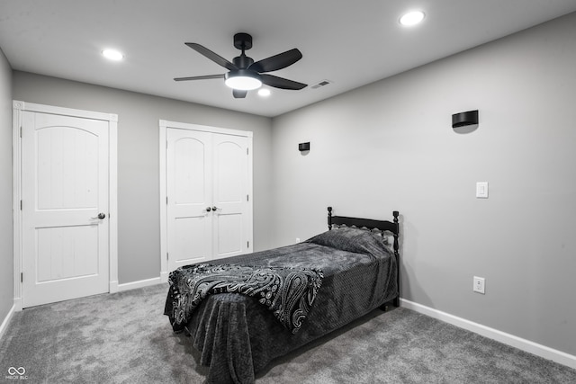9462 N Rushville Rd, Knightstown, IN 46148 - carpeted bedroom with baseboards, recessed lighting, and a ceiling fan