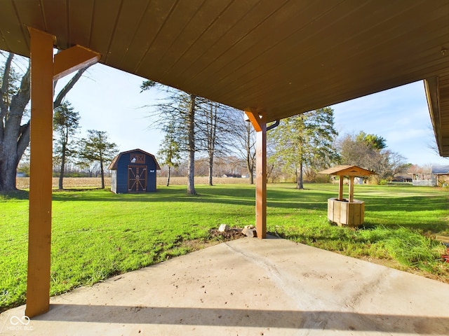 view of patio / terrace with a shed