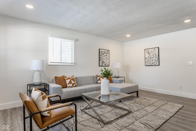 living room featuring a textured ceiling and hardwood / wood-style floors