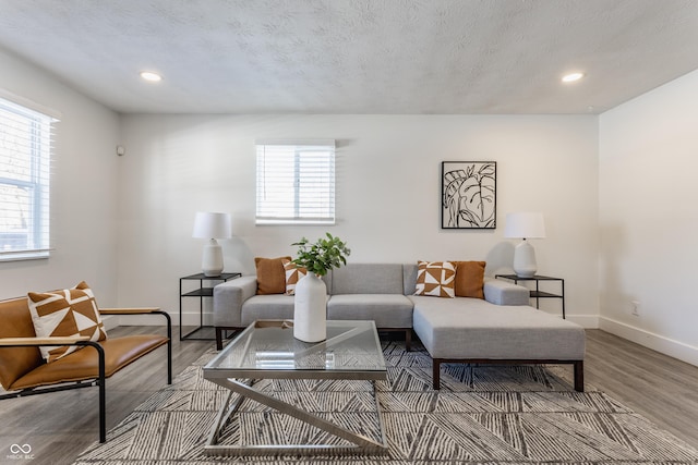 living room with a textured ceiling, hardwood / wood-style floors, and a wealth of natural light