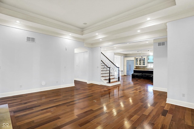 interior space featuring dark hardwood / wood-style floors and ornamental molding