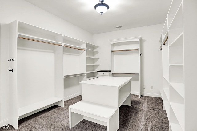 spacious closet featuring dark carpet