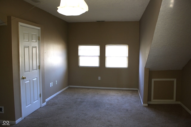 bonus room featuring carpet flooring and a textured ceiling