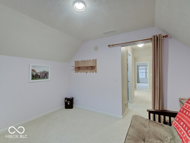 bonus room with light carpet, a textured ceiling, and lofted ceiling