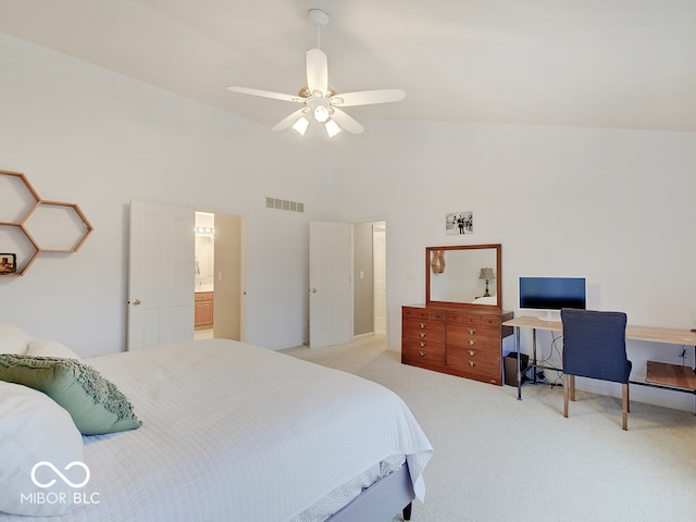 bedroom with light carpet, high vaulted ceiling, and ceiling fan