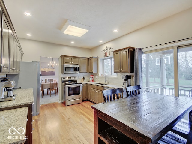 kitchen featuring sink, light wood-type flooring, stainless steel appliances, and tasteful backsplash