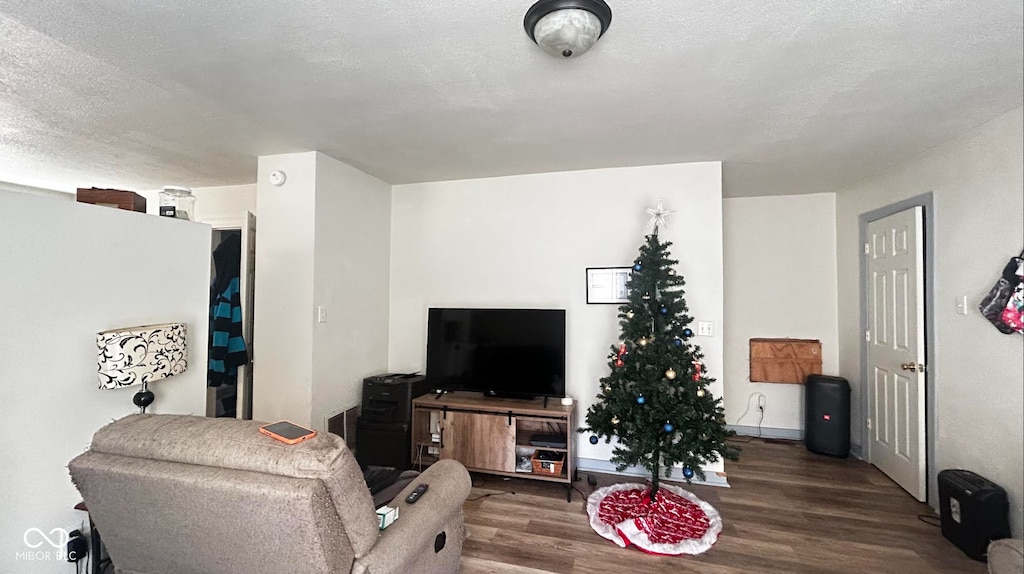 living room with a textured ceiling and dark hardwood / wood-style flooring