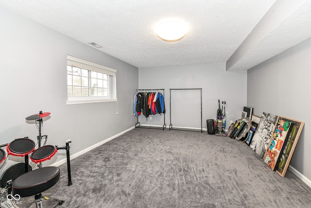 miscellaneous room featuring carpet flooring and a textured ceiling