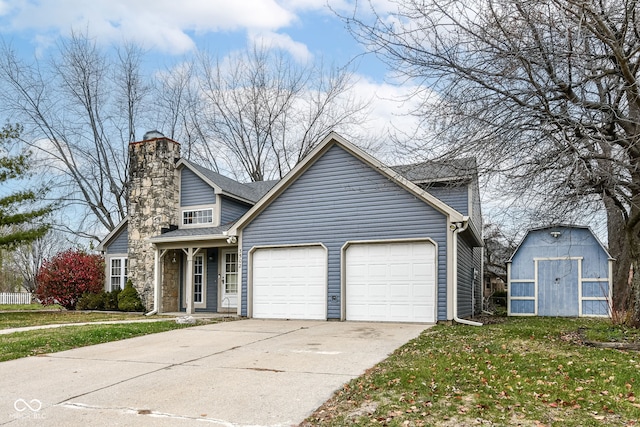 view of property with a front yard, a shed, and a garage