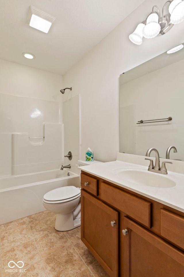 full bathroom with tile patterned flooring, vanity, shower / bath combination, and toilet