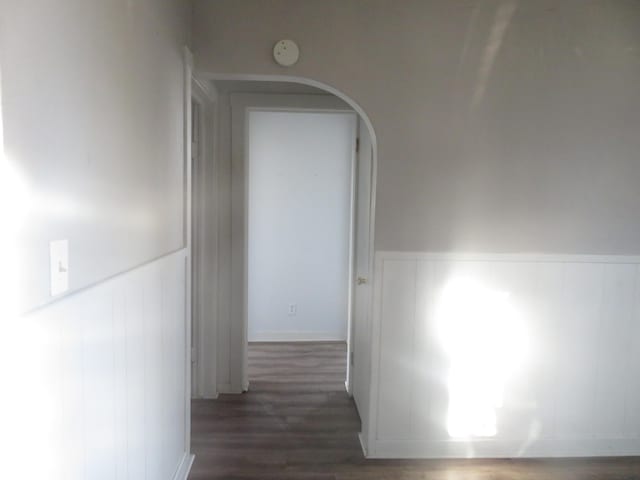 hallway with dark hardwood / wood-style flooring