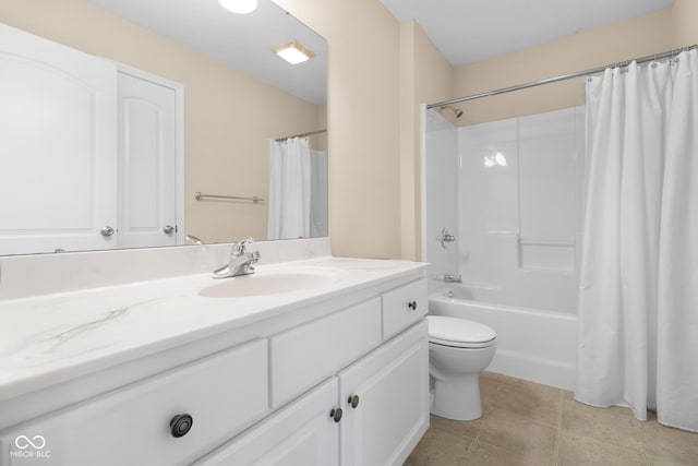 full bathroom with tile patterned floors, vanity, shower / bath combination with curtain, and toilet