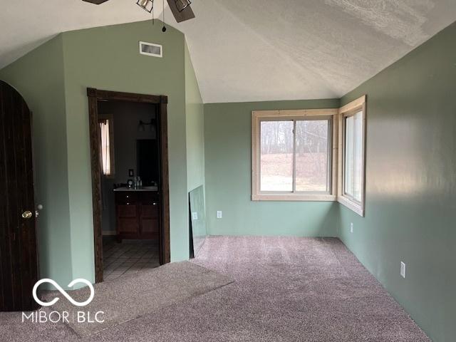 interior space with carpet, ceiling fan, and lofted ceiling