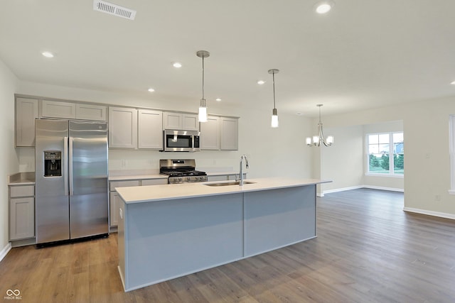 kitchen with sink, gray cabinets, stainless steel appliances, and a center island with sink