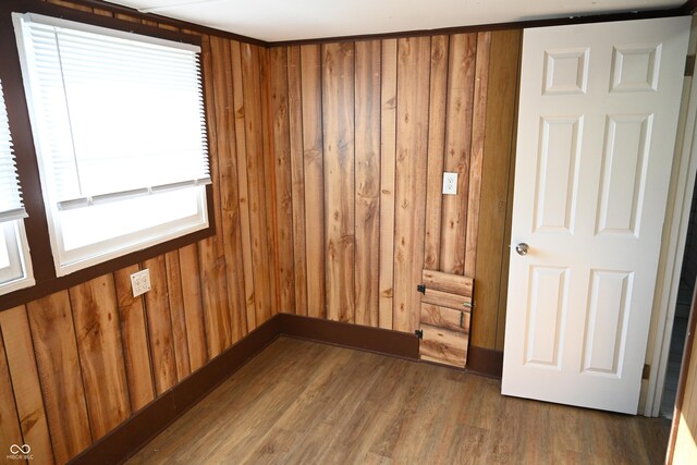 empty room featuring wood walls and dark hardwood / wood-style floors