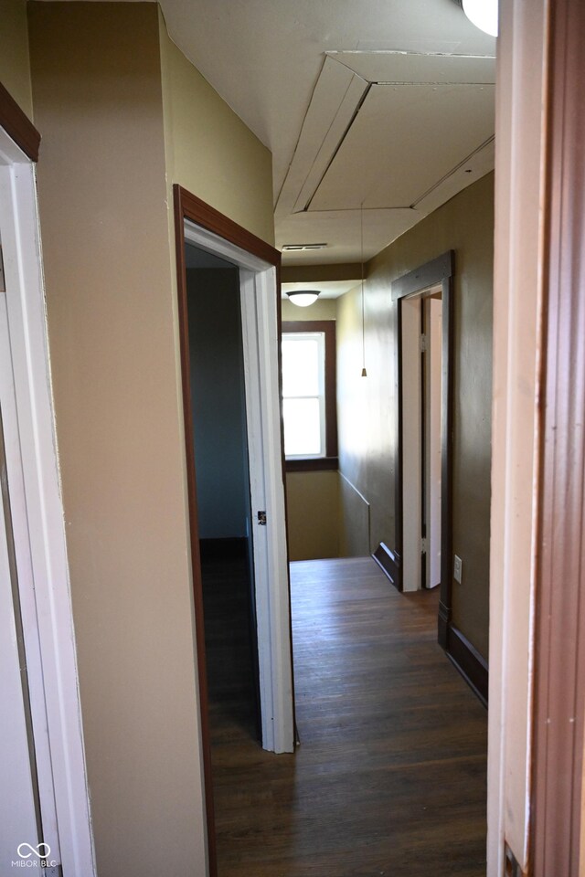 hallway with dark hardwood / wood-style floors