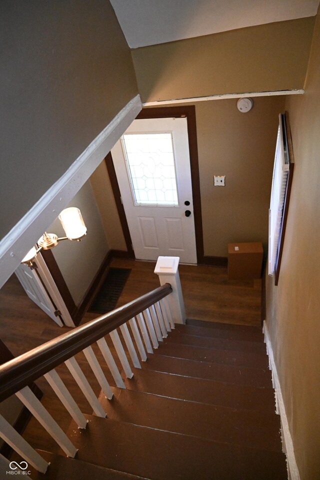 staircase with wood-type flooring