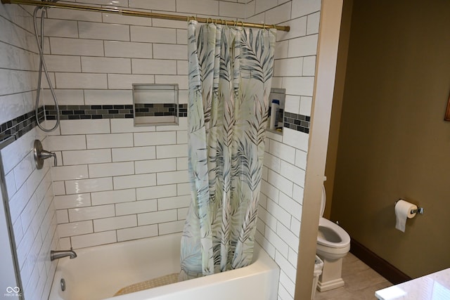 bathroom with tile patterned floors, shower / bath combo, and toilet