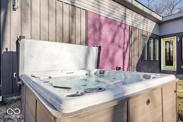 view of patio featuring a hot tub