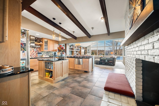 9454 Raintree Dr S, Columbus, IN 47201 - kitchen with open shelves, dark countertops, light brown cabinetry, beam ceiling, and wall chimney exhaust hood