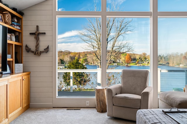 sitting room featuring light carpet, plenty of natural light, and a water view