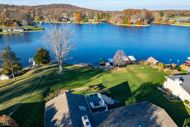 drone / aerial view with a water view