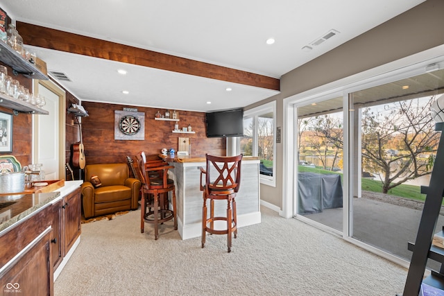 9454 Raintree Dr S, Columbus, IN 47201 - indoor bar featuring light colored carpet, recessed lighting, beamed ceiling, and baseboards